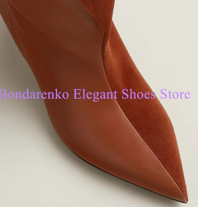 Brown Color Patchwork Spike Heels Lady Long Boots Sexy Pointed Toe Woman Knee High Boots Fashion Design Banquet Dress Shoes view 3