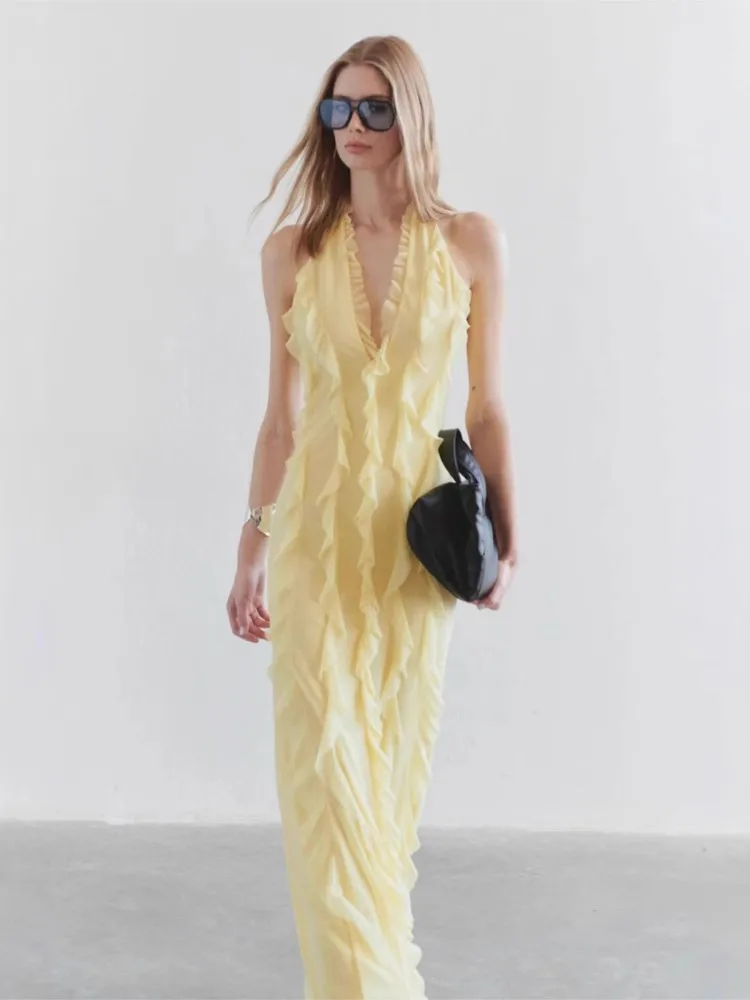 

Dresses 2025 Woman New Solid Color Suspender Vestidos Sexy Backless Lace Evening Dress Temperament Elegant Simple Style Trendy