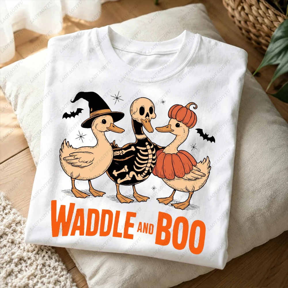 Waddle And Boo Halloween Duck Skeleton Graphic Women Casual Short Sleeve Cotton T-Shirt Witch Hat Pumpkin Funny Spooky Duck Top