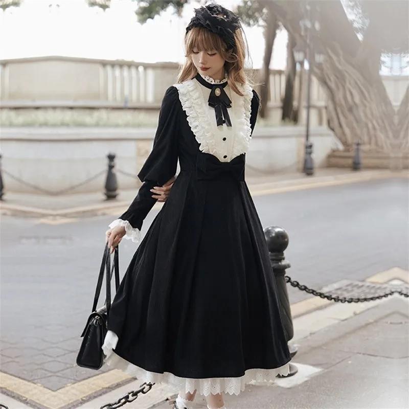 Gothic Lolita OP Dress Vintage Nun Style Autumn Winter Velvet Dress Black Medieval Lace Standing Neck Dress With Bow Tie