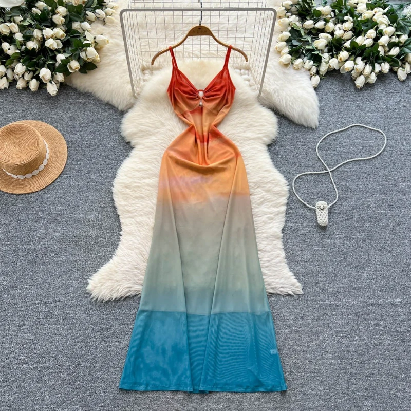 

Women Sling Dress Beach Tie Dye Slim Fit Long Dresses Sleeveless Casual Wrap Hip Hollow Print Veatidos Lady Sheath Summer