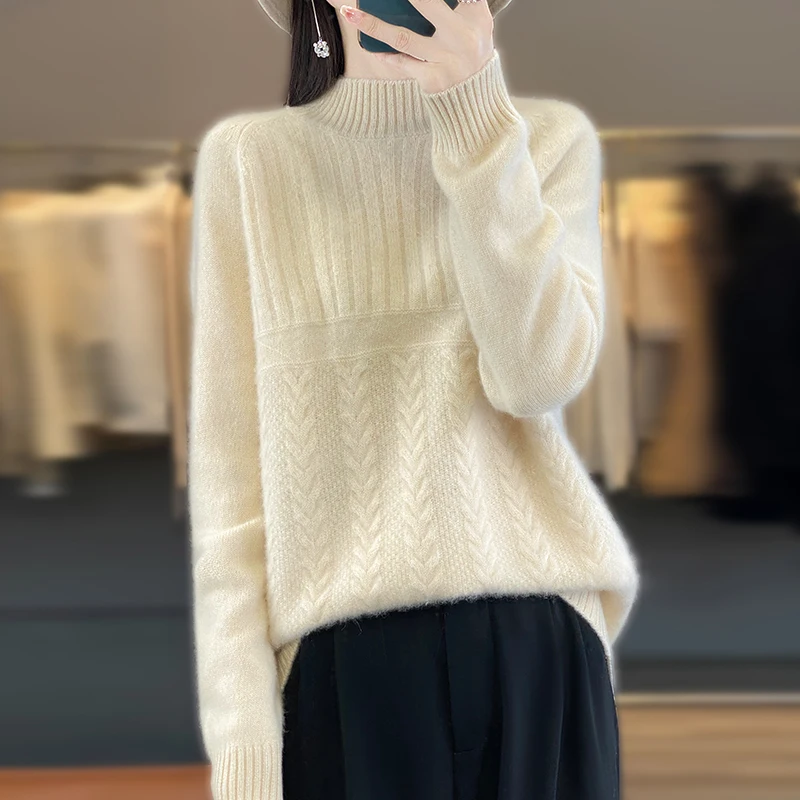 ATTYYWS-Women's Knitted Long Sleeved Half High Necked Pullover, 100% Australian Wool Sweater, Versatile Top, Hot Selling, 6 Colo