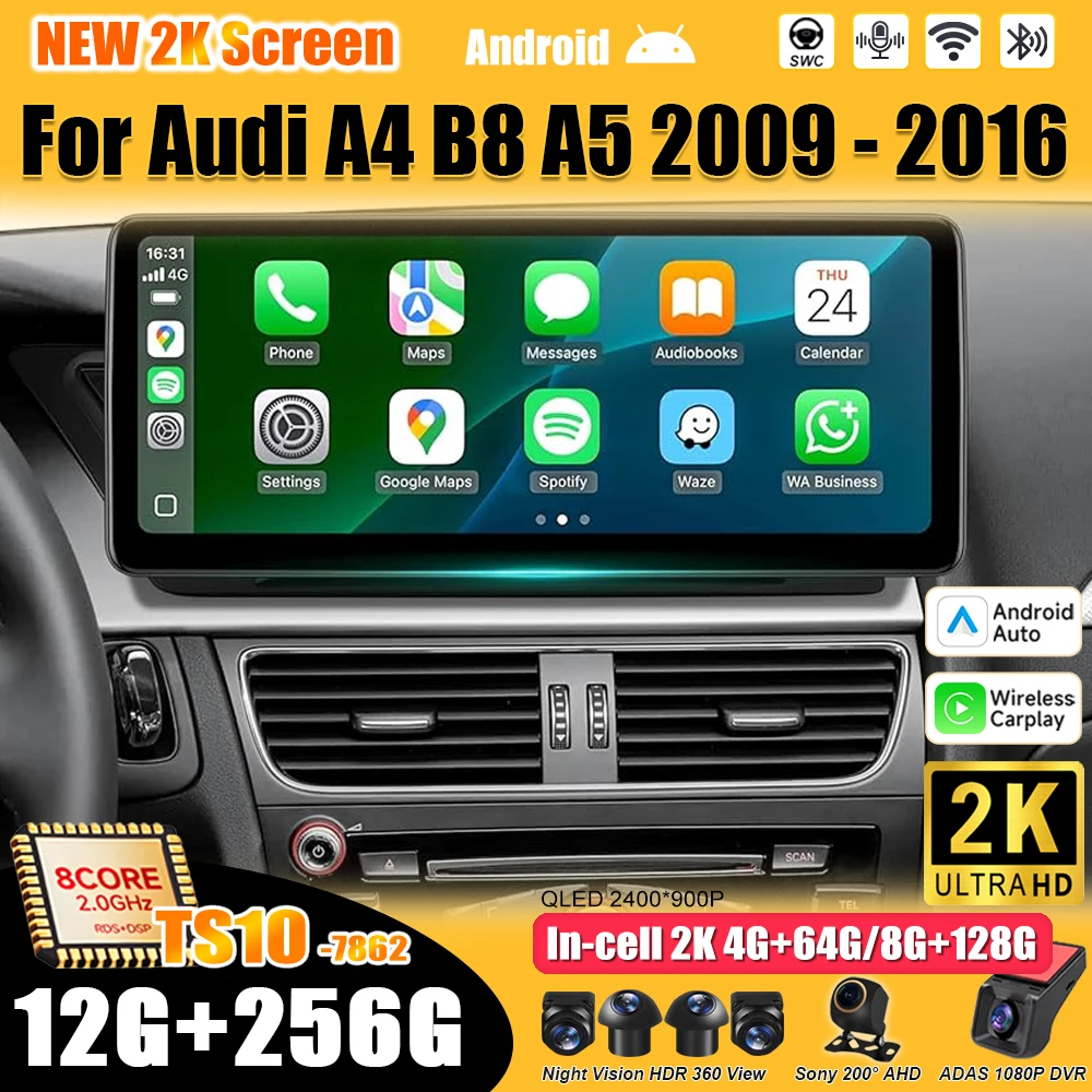 Android 16 For Audi A4 B8 A5 2009 - 2016 Car Radio Stereo Head Unit Multimedia Video Player GPS Navigation 2K QLED 12.3 Inch RDS