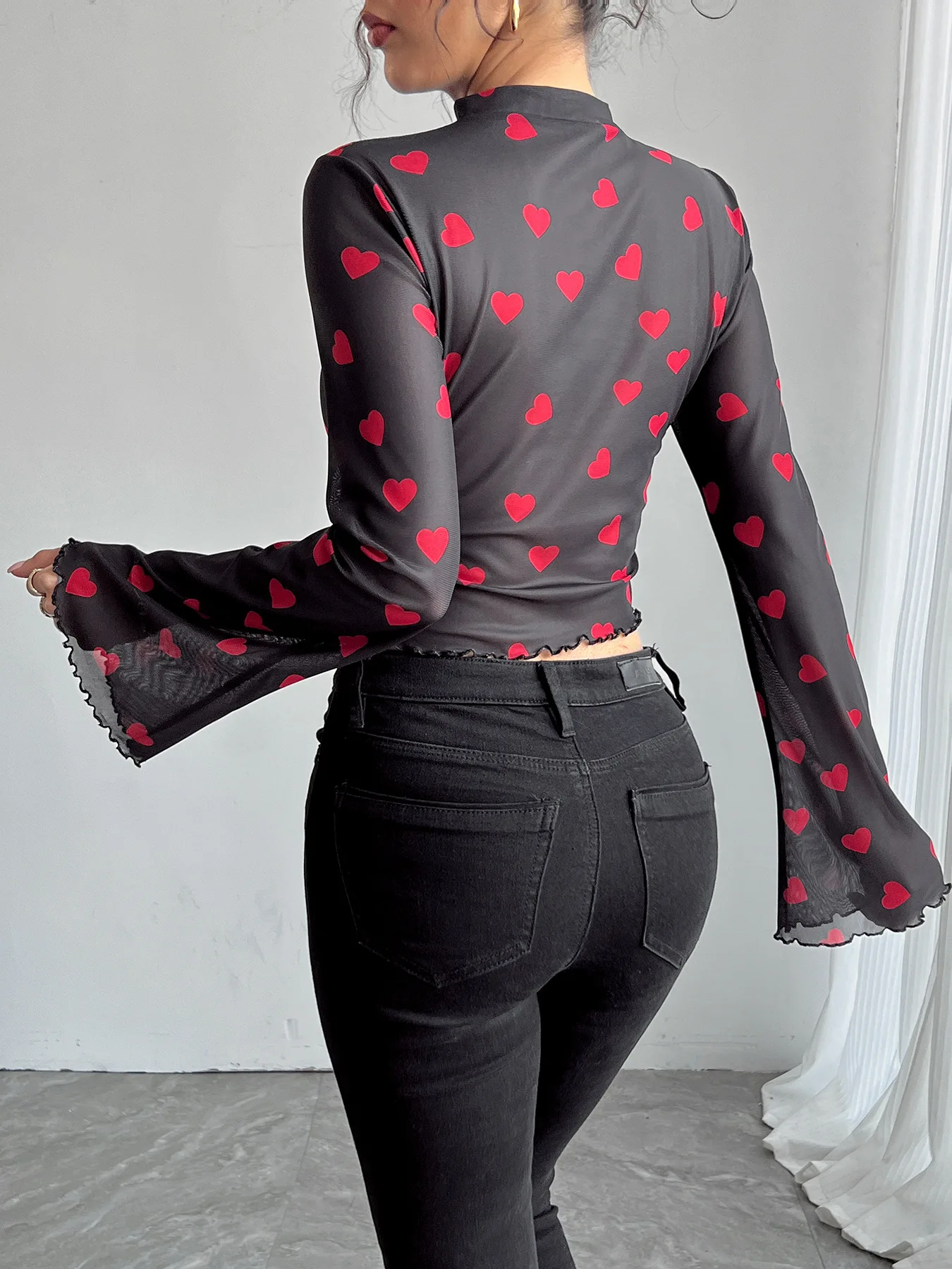 Spring Summer Women's Thin Mesh T-shirt Flared Sleeve Short Pullover Trendy Printed Hot Girl Fashion Top High Street Tees