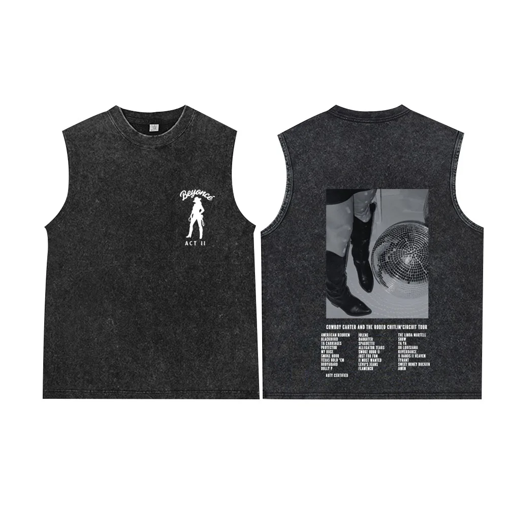 سترة رجالية كلاسيكية معدنية سوداء مغسولة لصيف 2025 تي شيرت نسائي كبير الحجم بدون أكمام برقبة دائرية ملابس فضفاضة Y2k