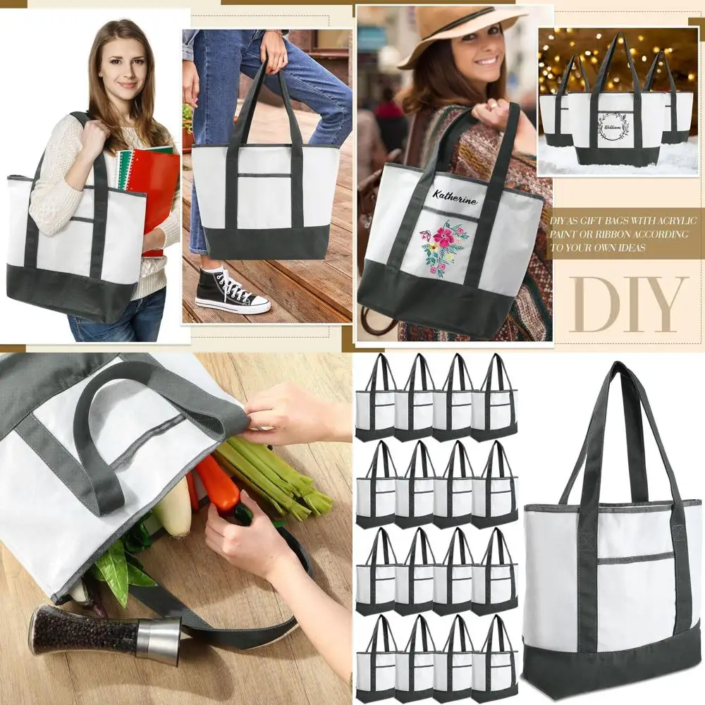 

18 Inch Bulk Canvas Tote Bags with Outer Pocket - Reusable Shopping Grocery Bags for Women and Moms, Perfect for DIY
