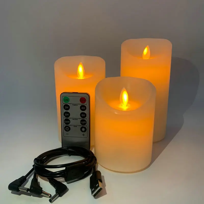 

Set of 3 USB Rechargeable Flickering Paraffin Wax Pillar Candle lamp Remote control w/timer Moving Dancing wick Home Decoration