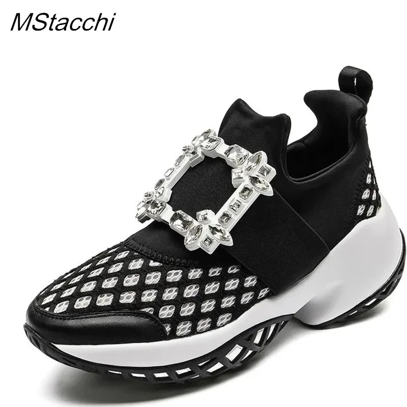 Crystal Buckle Womens Sneakers Elastic Breathable Mesh Platform Shoes Slip-on Trainers Sneakers Women Thick Bottom Casual Shoes