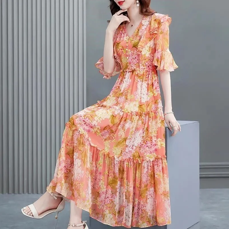 2025 Middle Aged Mother Loose Printing Thin Vestidos Retro Lady Medium Long Styles Long Dresses Summer Femme V-neck Maxi Dress