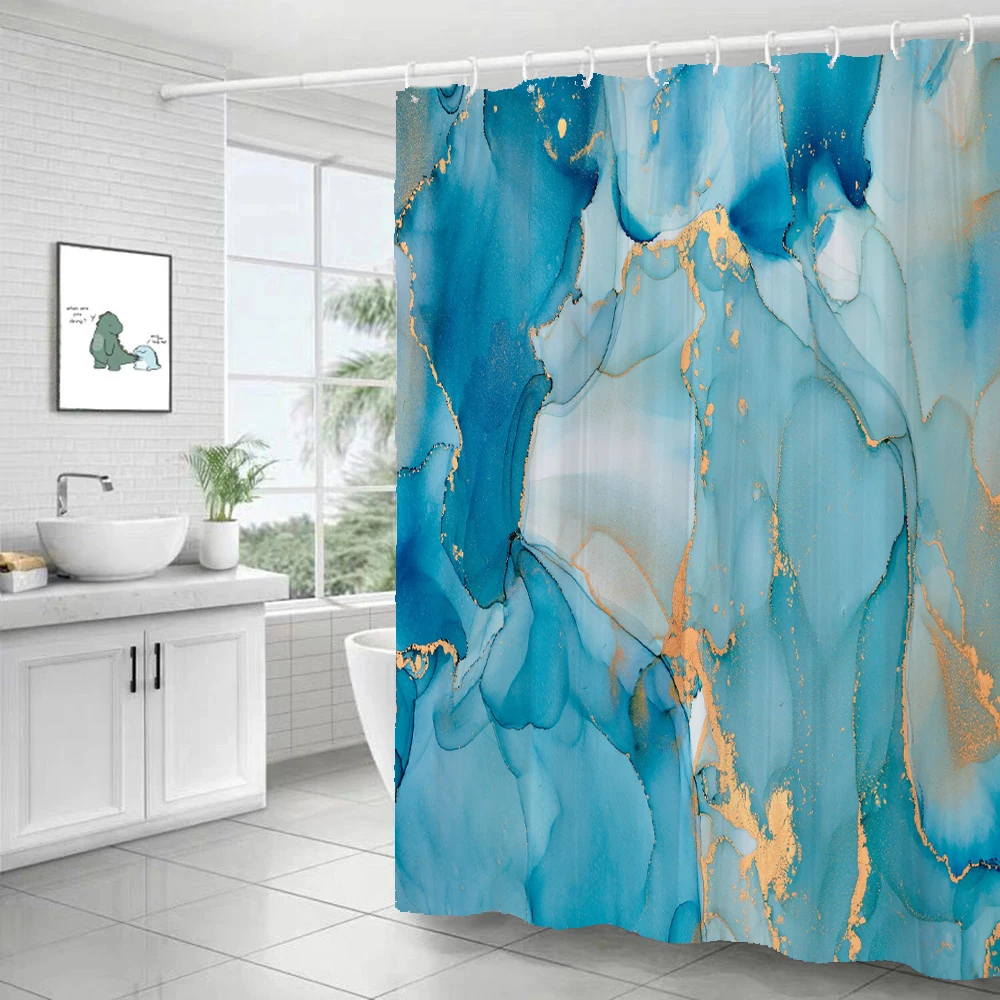 Blue Gold Marble Modern Bathroom Decoration Shower Curtain Watercolor Art Fabric Abstract Bathtub Deluxe Shower Curtain 180*180