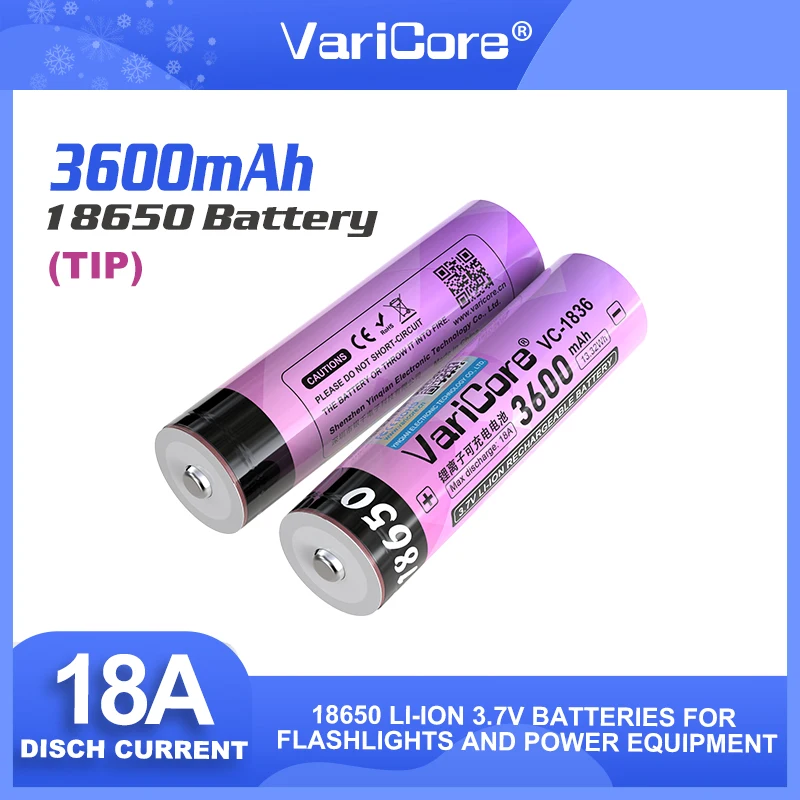 VariCore 新しいオリジナル VC-1836 + チップ 18650 バッテリー 3600mAh 3.7V 高ドレイン 18A リチウムイオン充電式懐中電灯 Vape パワーバンク用