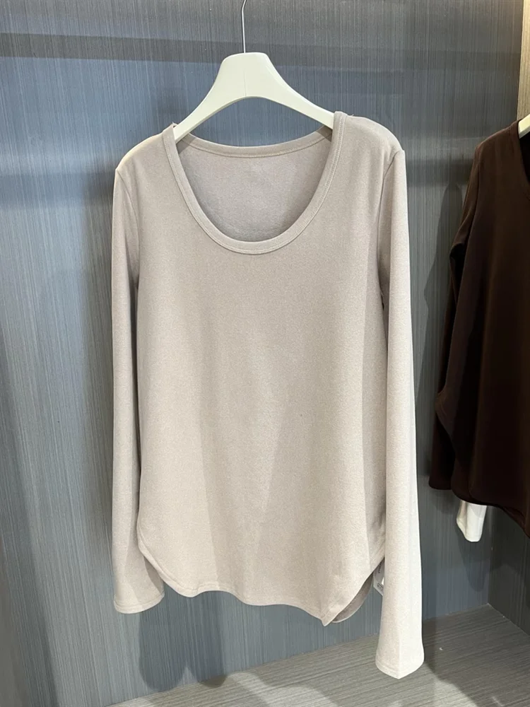 Slimming Effectiveness Casual Loose Long Sleeve round Neck T-Shirt Women's Inner Wear Coffee Color Irregular Style Autumn New