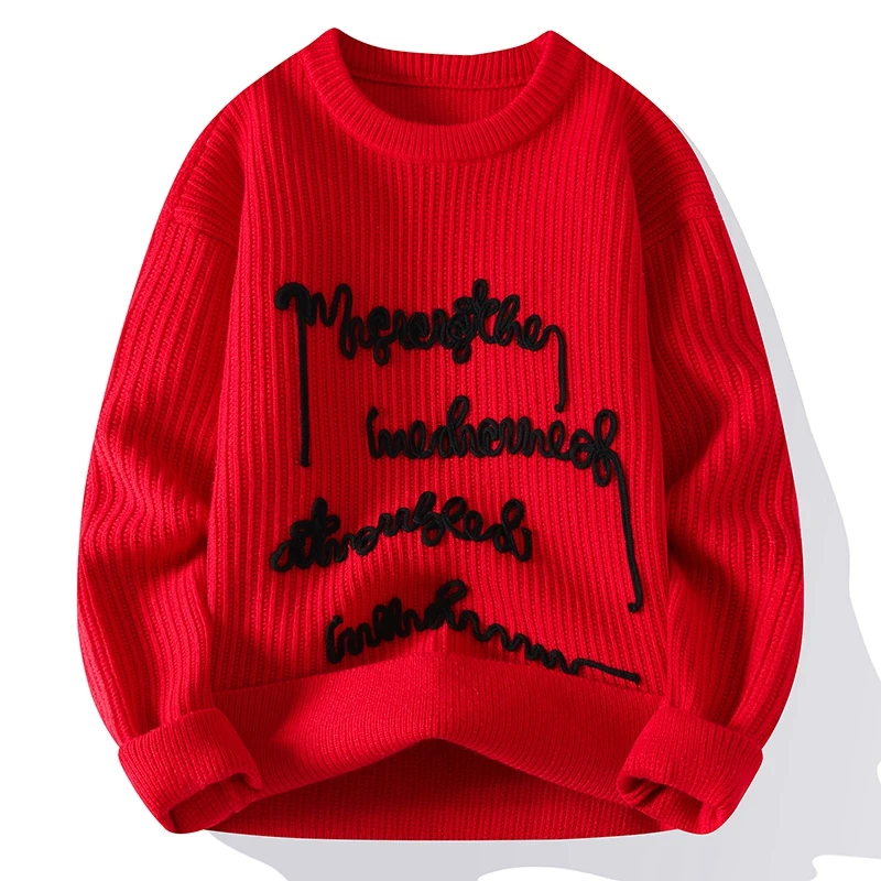 

New Style Teenager Contrast Sweater Men's Autumn and Winter O-neck Red Knitted Base Shirt Handsome Fashionable Sweater 4XL