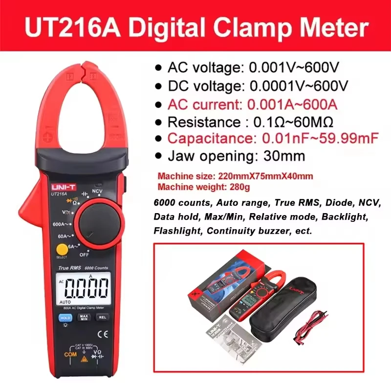 UNI-T UT216C 600A True RMS Digital Clamp Meter AC DC Current Auto Range Multimeter NCV Non-Contact Voltage Testing UT216A UT216 - view 5