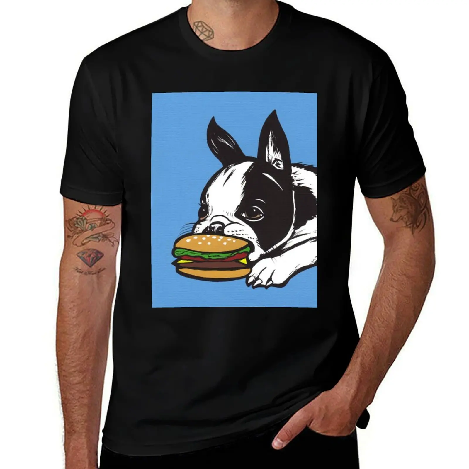 Boston Terrier Cheeseburger T-Shirt Urban Style Casual Short Sleeve Top T-Shirt