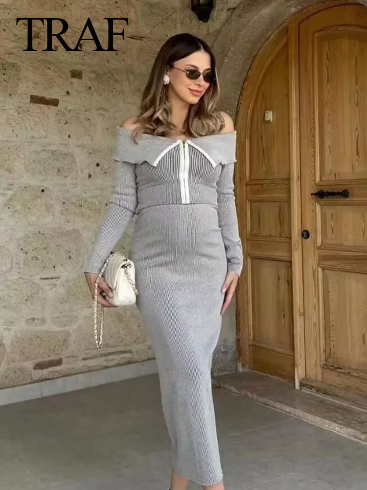TRAF 2024 Spring Woman's Sets Turn-Down Collar Long Sleeves Zipper Cardigan Top + High Waist Chic Elegant Slim Female Long Skirt