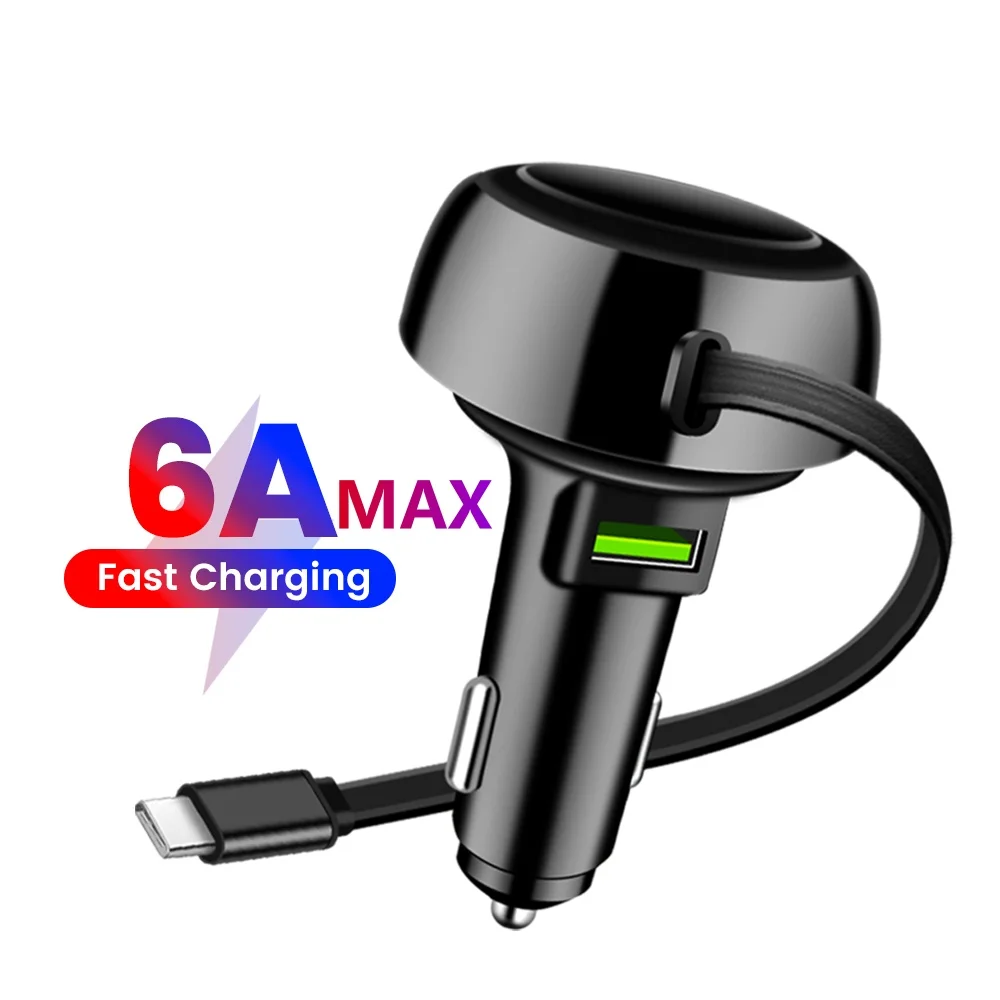 6A Multi-Function USB Car Charger Fast Charging With Retractable Type C Cable For iPhone Samsung Huawei Xiaomi Car Phone Charger