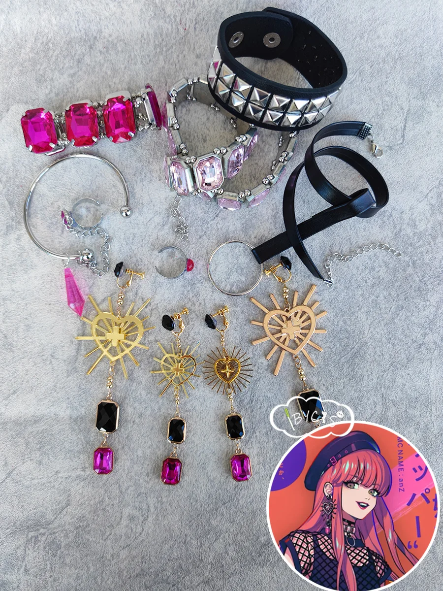 Pinchos de oreja con Clip para disfraz de Halloween, pendientes de Cosplay, collar, pulsera, anillo, joyería de utilería de Anime, chocho Live Anne Faulkner Cos