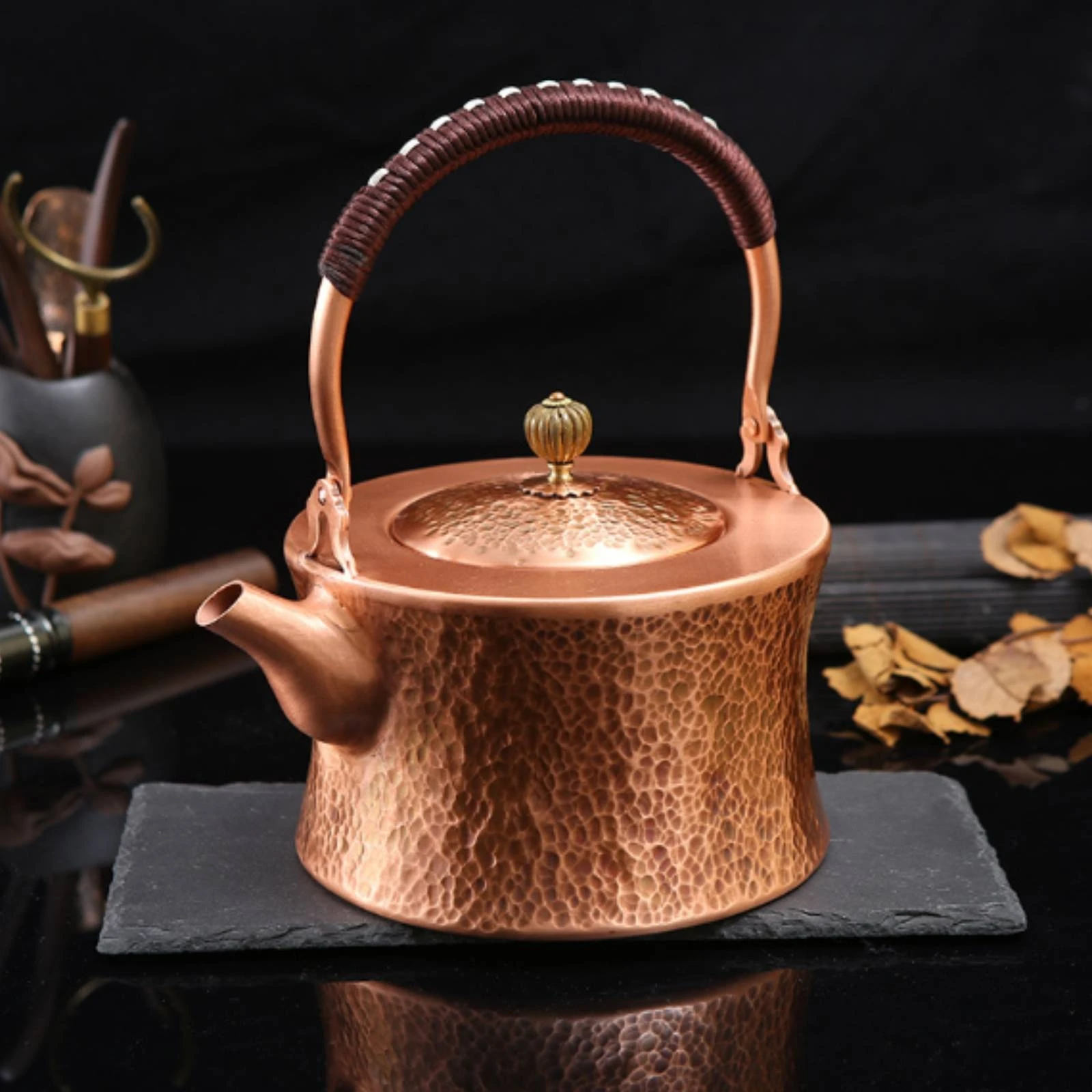 Compact Hammered Copper Tea Kettle Ergonomic Wrapped Handle for Home Tea Table and Office Desk Use