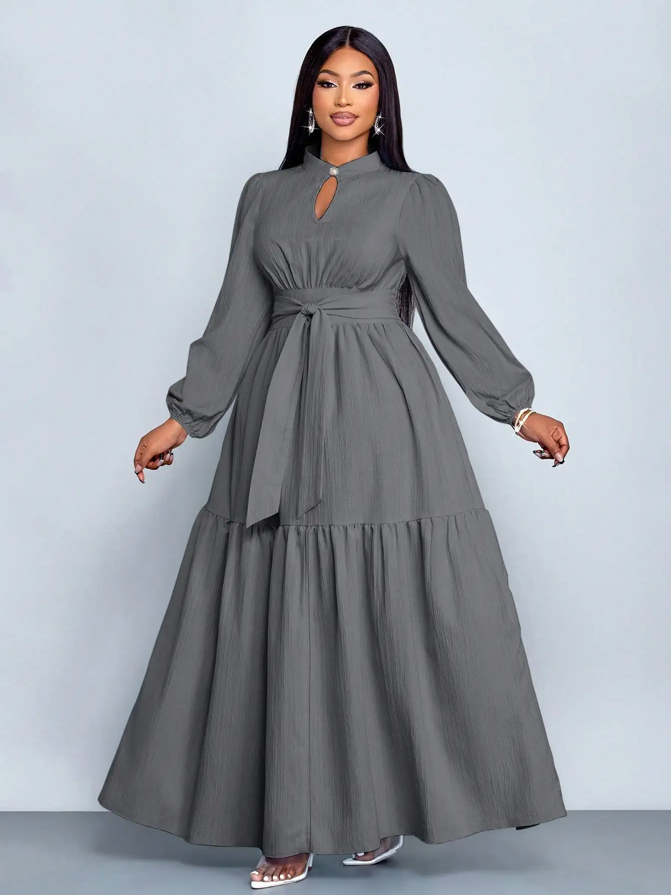 

Plus Size Women Solid Color Loose Stand Collar Long Sleeve Waist Tie A-Line Floor Length Dress