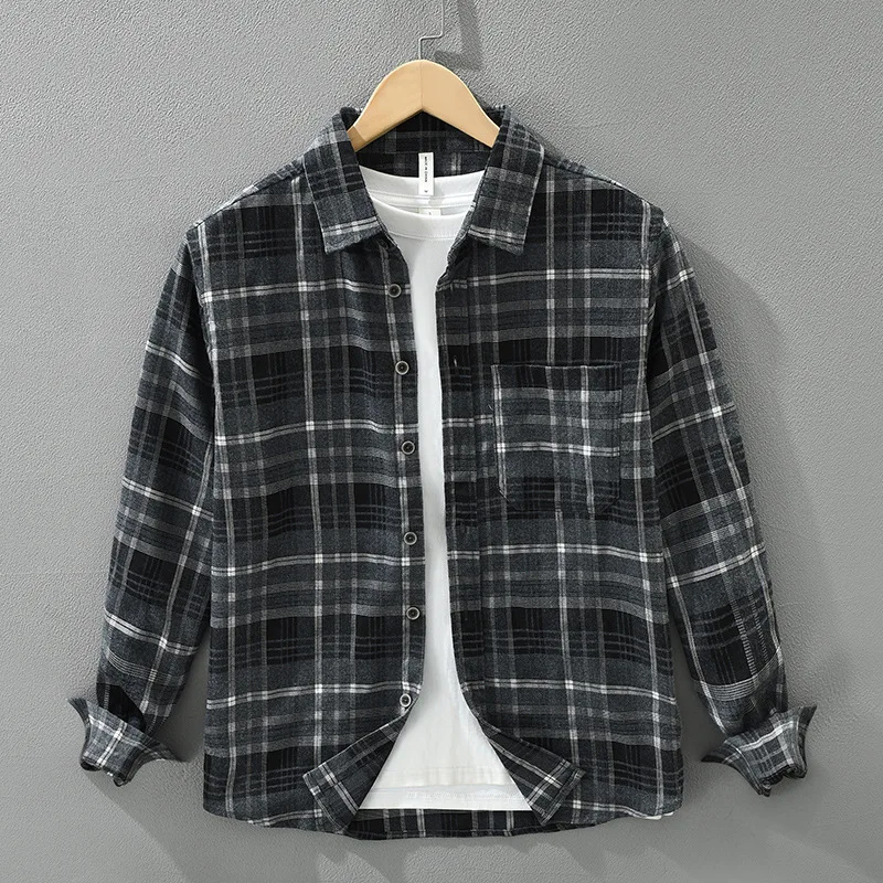 

Loose Fit Plaid Long Sleeve Men's Shirt Street Style Casual Fashion Basic Top Japanese Trendy Artistic Loose Upper Apparel