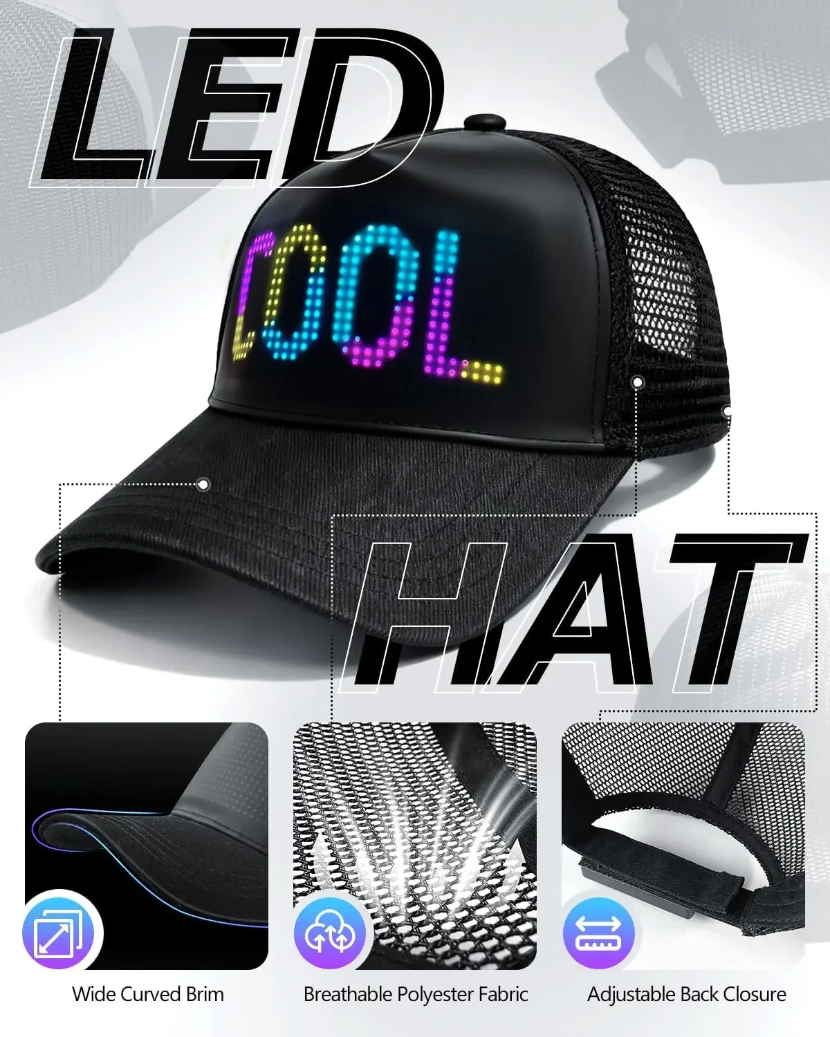 2026 LED Baseball Cap Usb App Control Bluetooth Rechargeable Scrolling Atmosphere Message Board Hop Display Hat Glowing Hat Hip