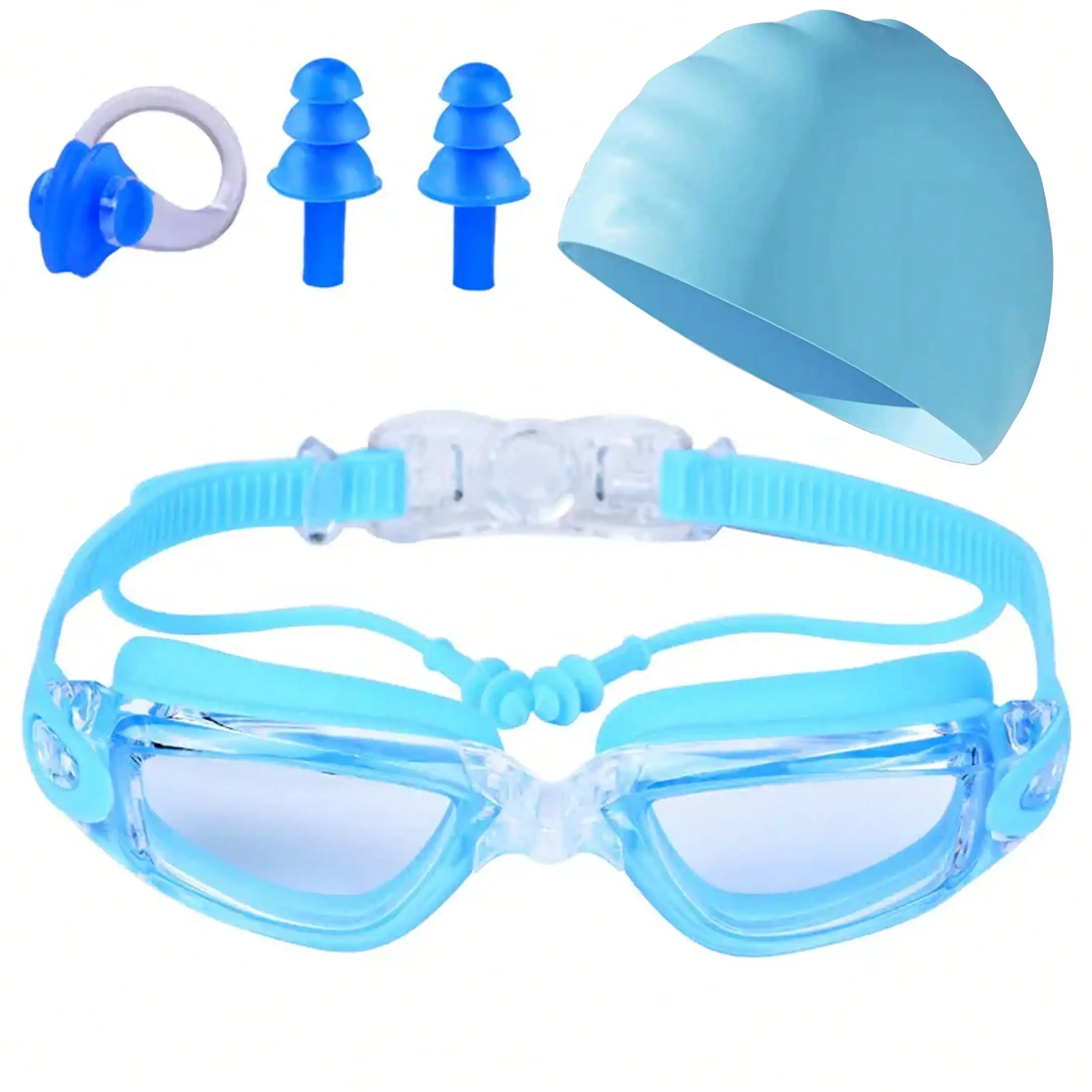 

4Pcs HD Anti-Fog Swimming Goggles With Earplugs Soft Silicone Large Frame Swim Glasses Matching Comfort Swim Cap For Unisex
