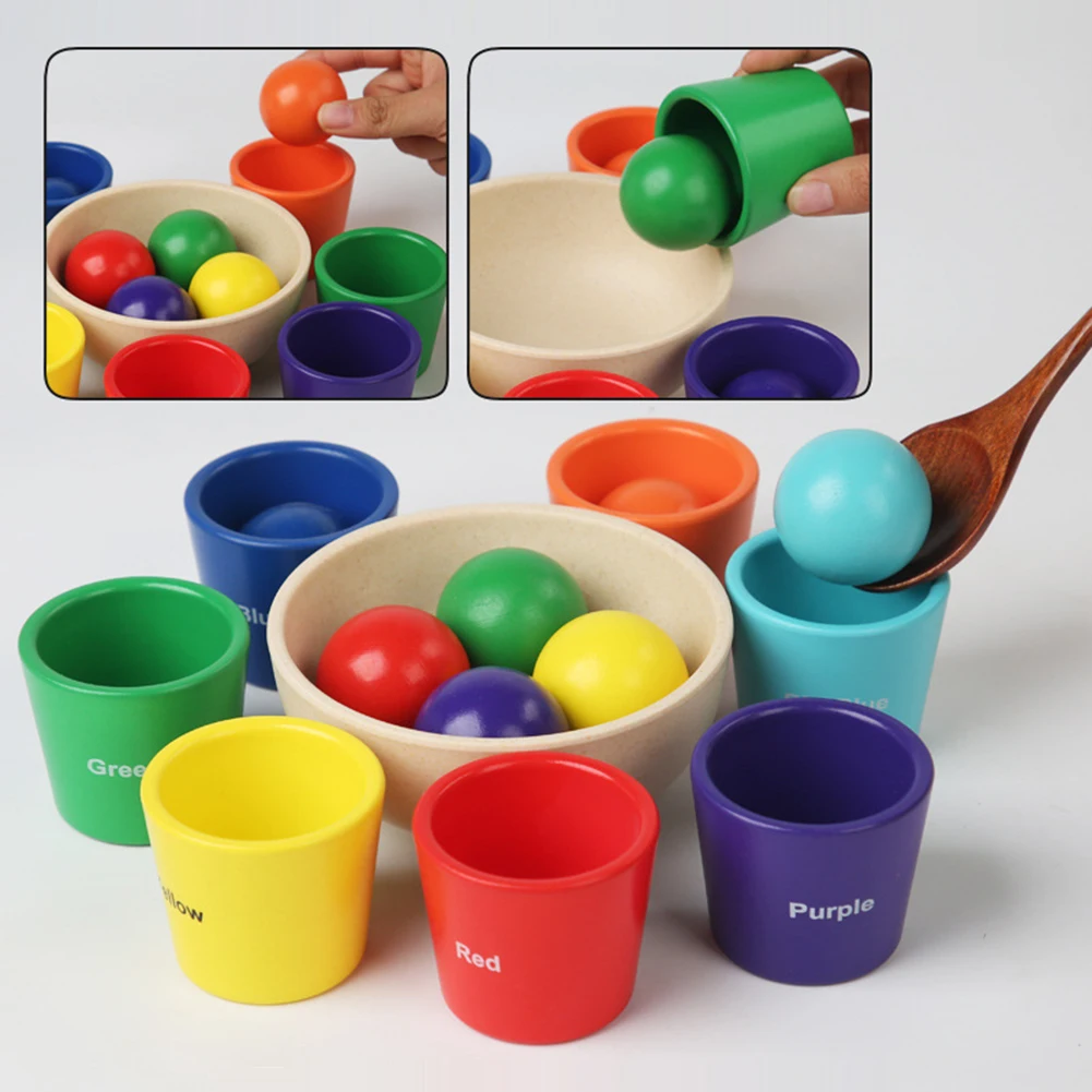 Bolas de arcoíris en tazas, juguete de clasificación de colores de madera, bolas grandes en tazas de 1,57 pulgadas, juguete de 7 pelotas para niños de más de 2 años, para niños pequeños y bebés
