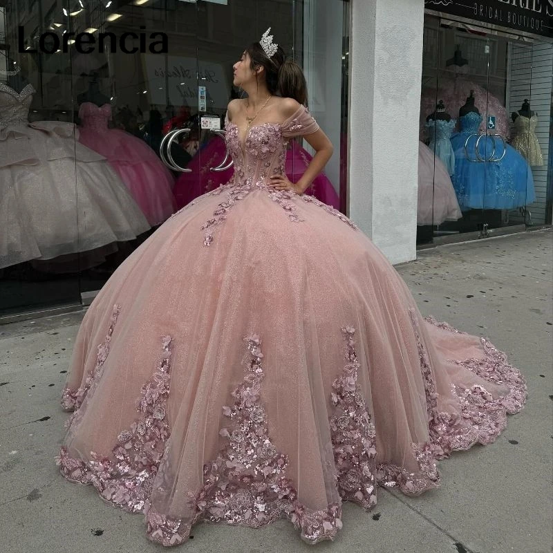 Vestido Lorencia rosa Quinceanera, aplique florais 3D, espartilho mexicano, vestido de baile doce 16 anos, YQD764