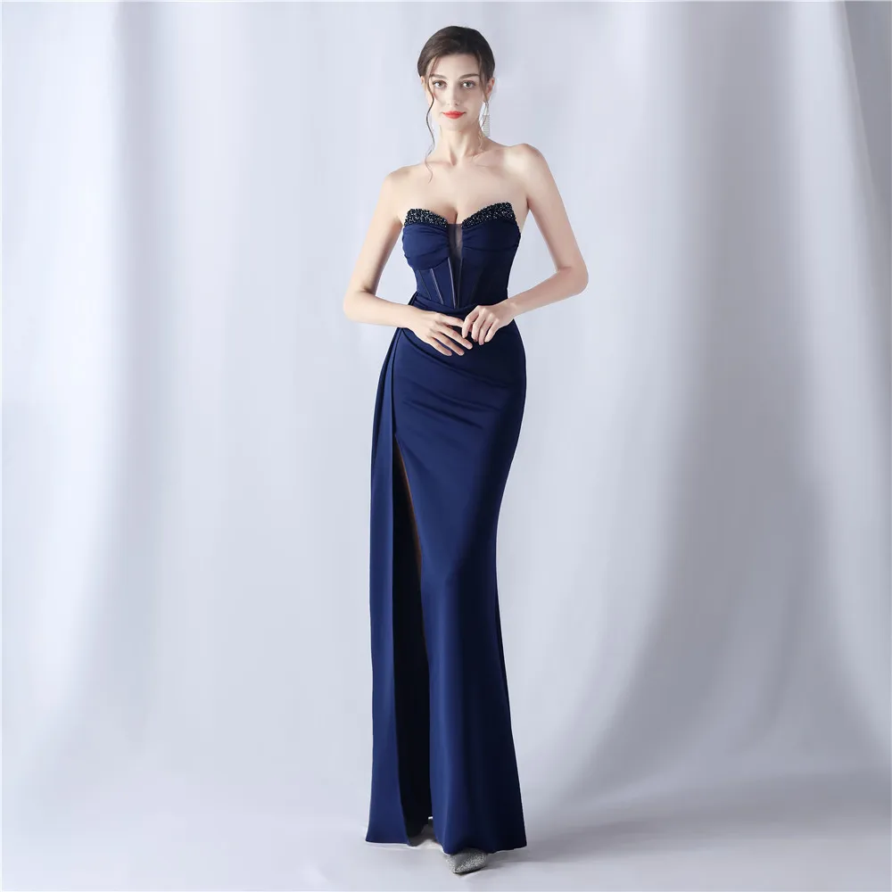 Evening Dresses Navy Blue Beads Stretchy Strapless Zipper Back Mermaid Trumpet Slit Floor Length Women Party Formal Gowns YE004