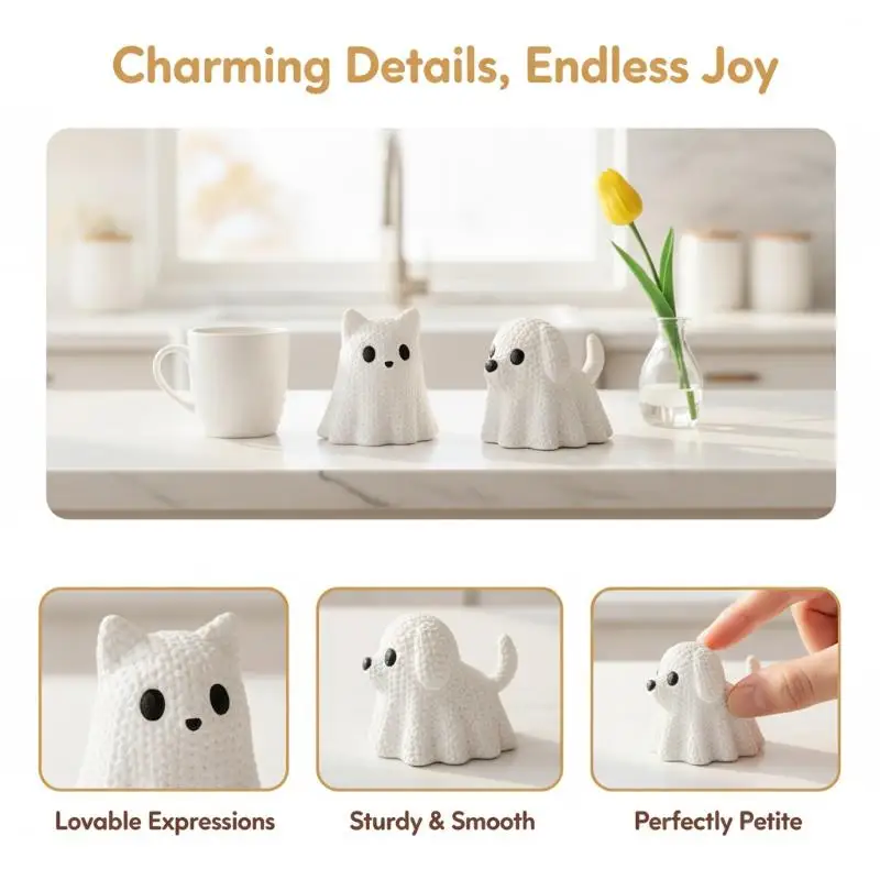 3D Printed Ghost Cat Dog Figurine: Halloween Cute Mini Statue Ornament Home Desktop Party