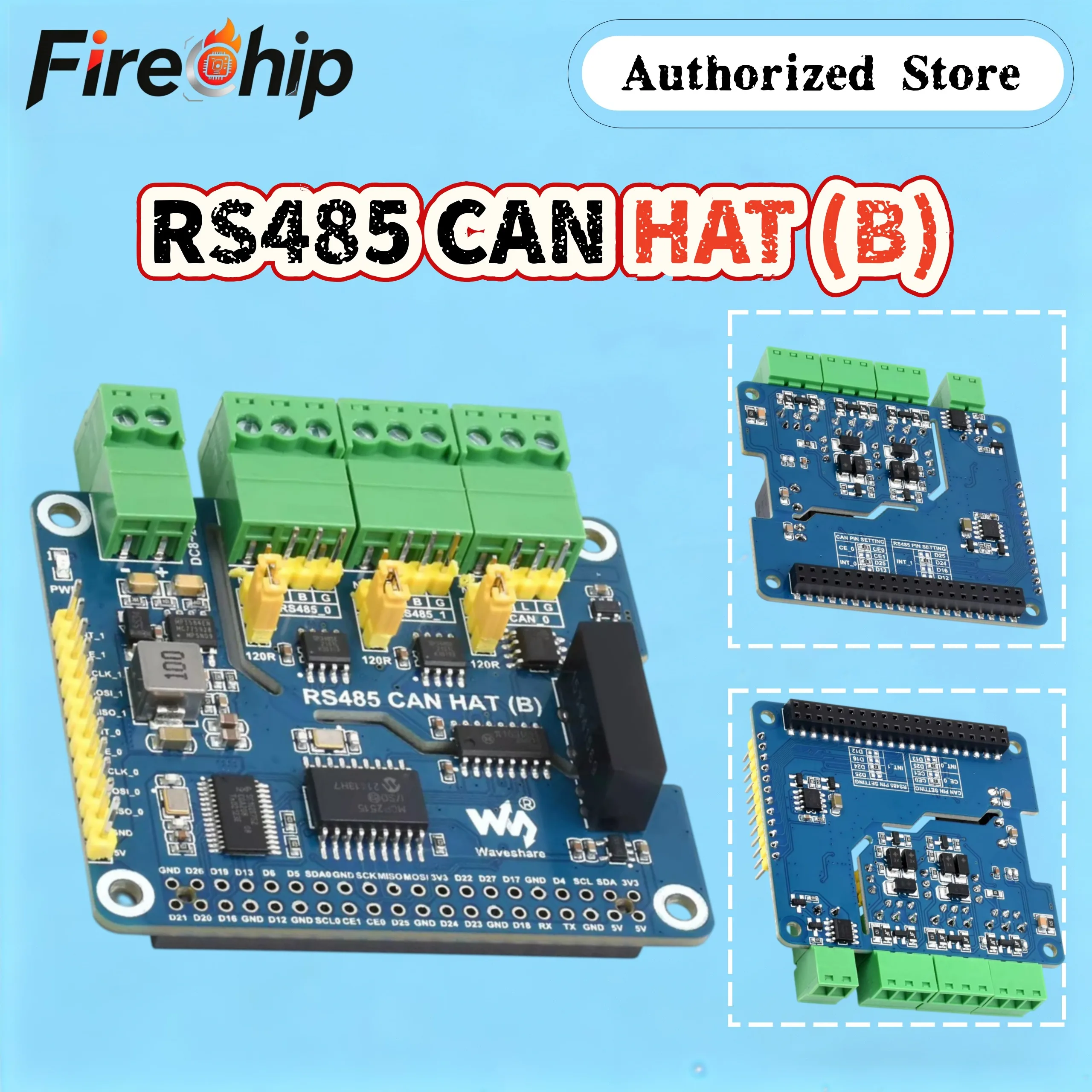 Waveshare Isolated RS485 CAN HAT (B) For Raspberry Pi, 2-Ch RS485 and 1-Ch CAN, Canbus, for Raspberry Pi 5/4B/3B