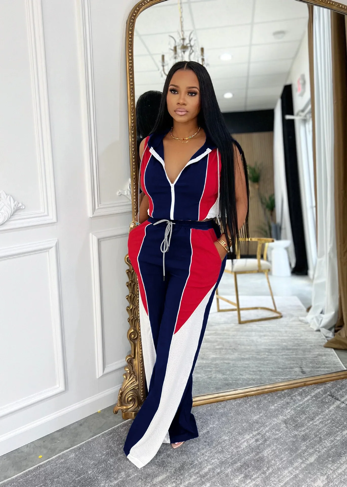 

Женский комплект из 2 предметов, цветной лоскутный укороченный топ без рукавов на молнии, брюки, одинаковый комплект, 23 летние тренировочные наряды