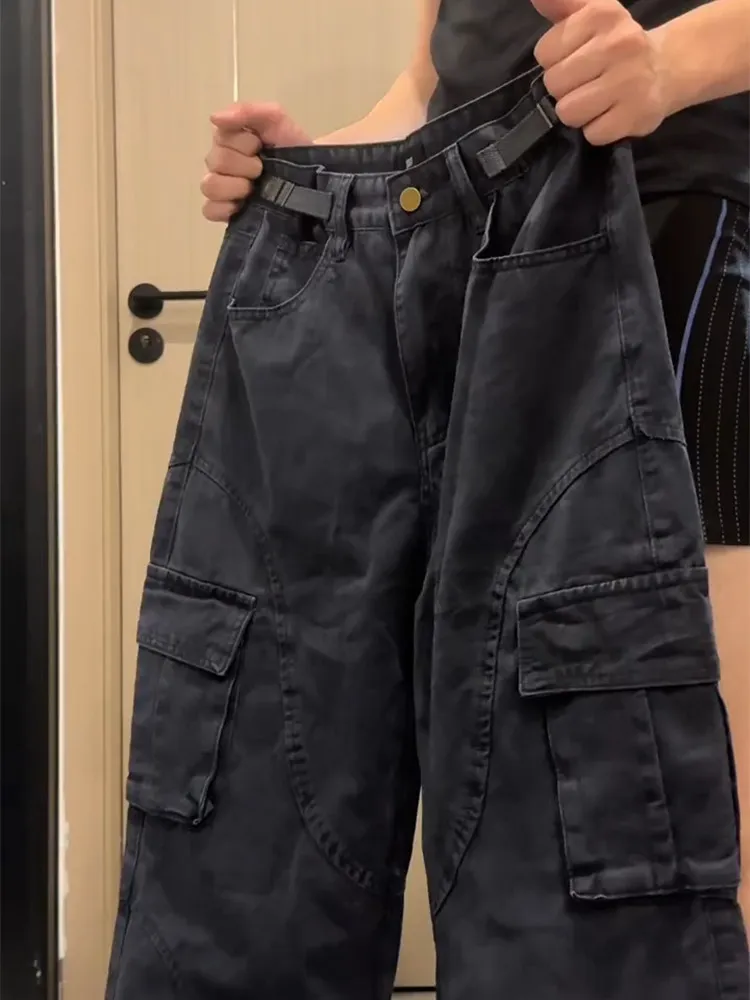 Tall Men's Waist Belted Cargo Pants in Indigo Blue Straight Leg Wide Leg American Style Casual Pants Youth Fashion