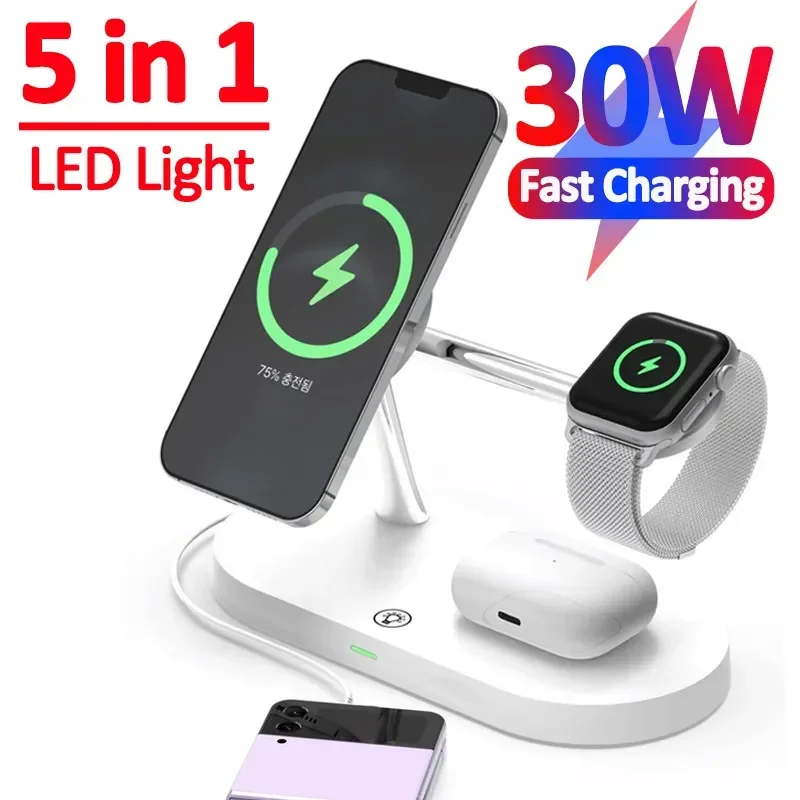 

30W 3 in 1 Magnetic Wireless Charger Stand for iPhone 15 14 13 Pro Max Apple Watch 8 7 Airpods Induction Fast Charging Station