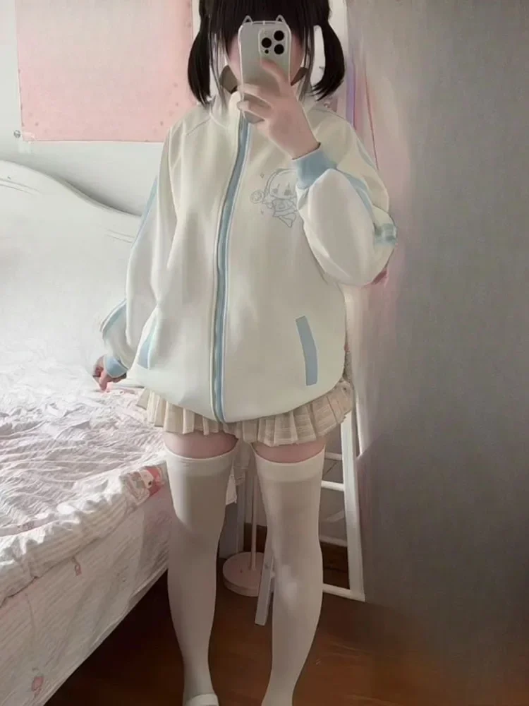 الخريف اليابانية الكرتون الطباعة معاطف غير رسمية المرأة فضفاضة Y2k الجمالية المرقعة جاكيتات المتضخم Harajuku الوقوف الرقبة سترة