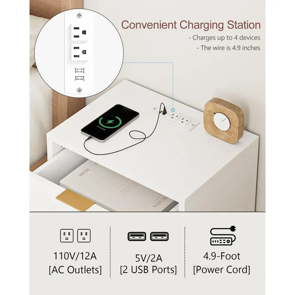 充電ステーションナイトスタンド、モダンな2引き出しサイドテーブル、ゴールドフレームベッドルームエンドテーブル、リビングルームホワイト