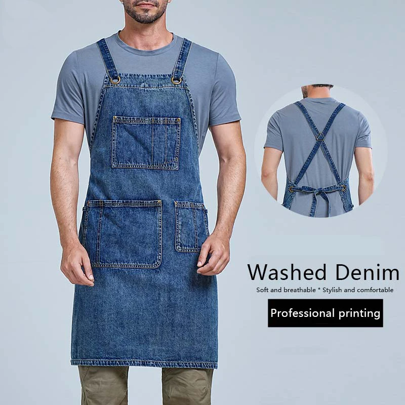 

Hot Wash Water Black Blue Denim Apron Restaurant Cafe Barber Bakery Baked Men's And Women's Work Clothes Waist Adjustable Apron