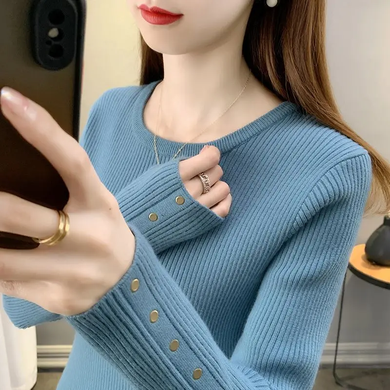 

Korean Fashion Sping Sweaters Bottoming Shirt Women's Solid O-Neck Rivet Simplicity Elegant Long Sleeve Pullovers Knitted Tops