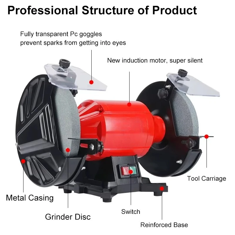 8 Inch 400W Bench Grinder With Yellow Magnifying Shield Pedestal Grinding Machine