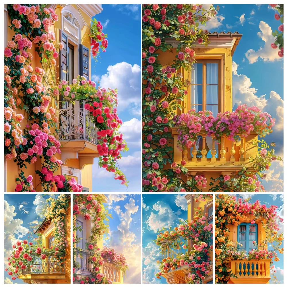 Malen nach Zahlen Kit Handbemalung Blumen auf dem Balkon Landschaft DIY Ölgemälde Acryl Kunstwerk Kunst Geschenk Heimdekoration