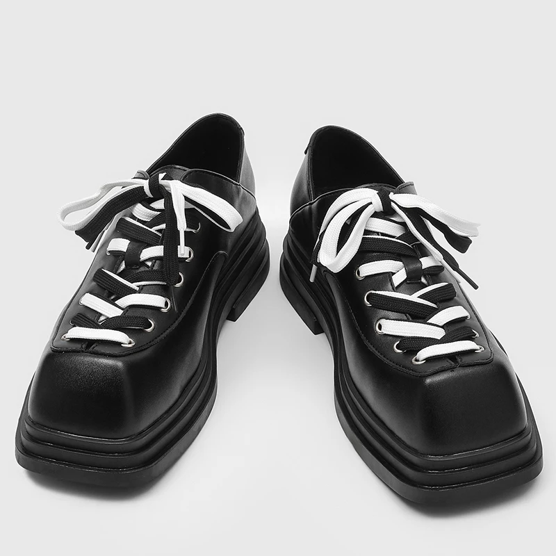 New Official Men Shoes Youth Style Black  White Lace Up Small Square Toe Thick Sole Niche Personality Men's Derby Shoes