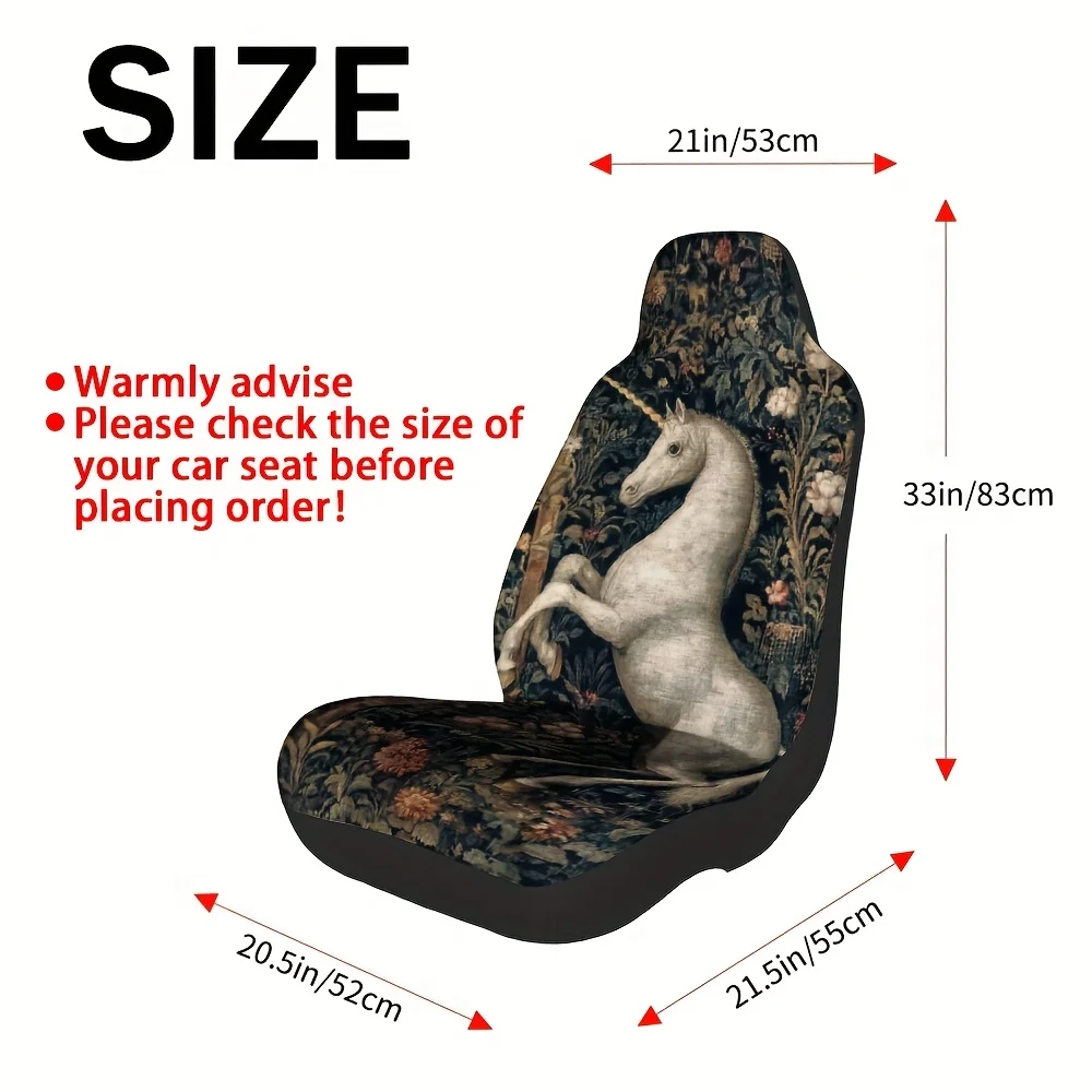 2pcs Fantasy Unicorn Print Front Seat Covers - Universal Fit For Cars, SUVs, Trucks - Elegant Floral & Unicorn Design, Durable P