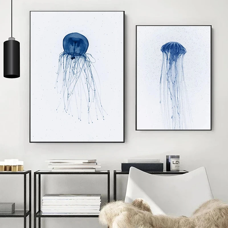 Retro Sea Animal Cyanea Jellyfish Squid Shark Minimalist Art Poster Canvas Painting Wall Prints Picture Living Room Home Decor