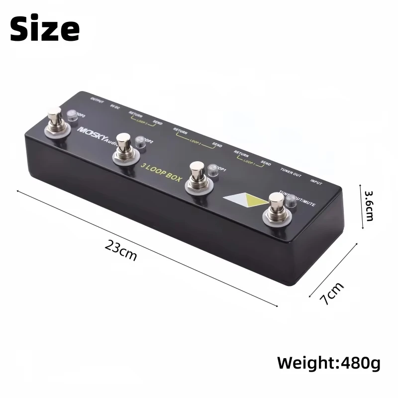 MOSKY 3 Loop Box True Bypass Loop Switcher Pedal with Tuner Mute Function, Compact Metal Enclosure for Electric Guitar and Bass