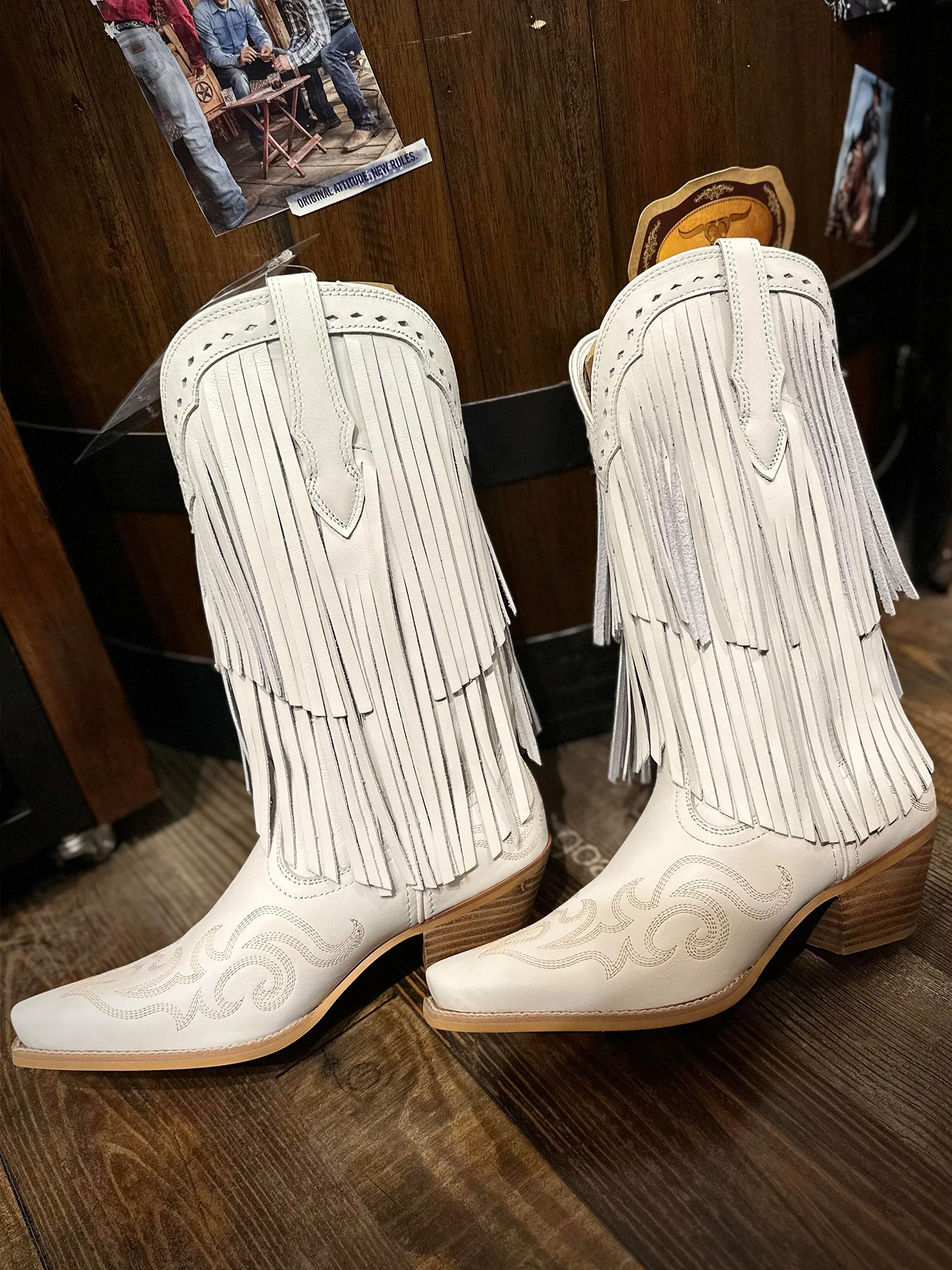 Retro Tassel Embroidered Western Cowboy Boots High Tube Thick Heel Fashion Boots Waterproof Platform Large Size Leather