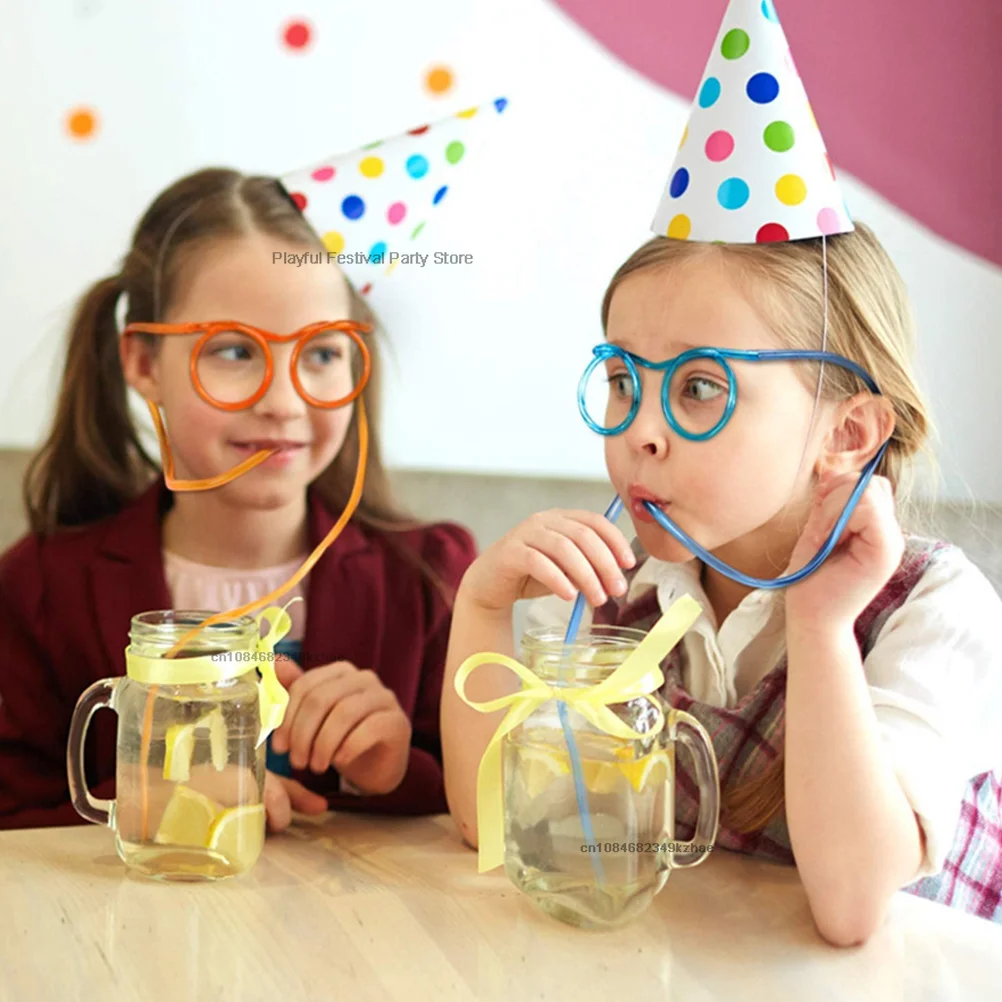 1Pc Funny Soft Plastic Straw Toys DIY Glasses Modeling Straw Toys Party Joke Tube Tools Kids Baby Birthday Party Favors 7colors