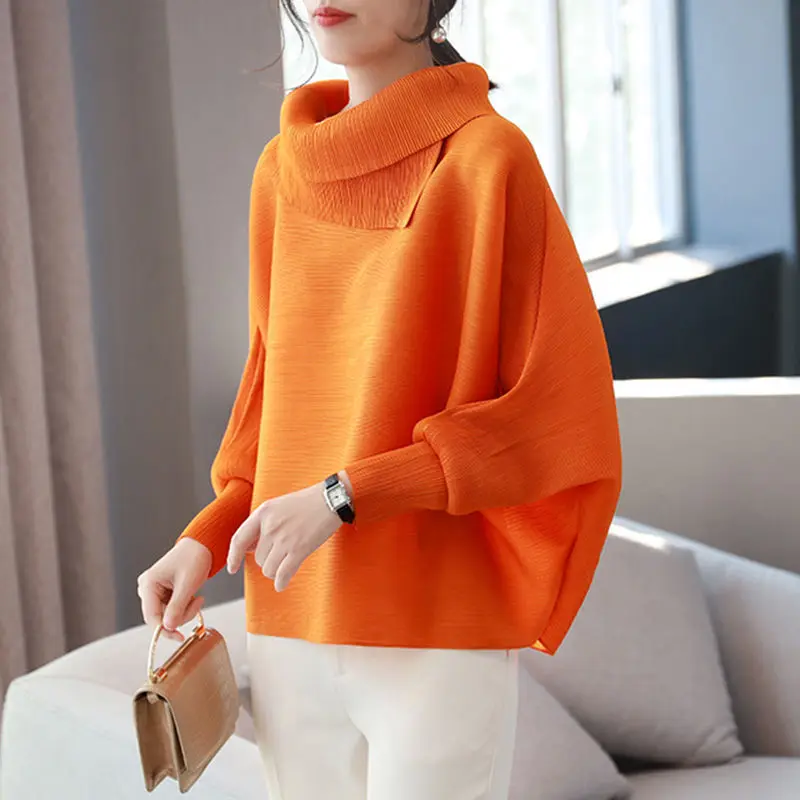 Fashion Solid Color Folds Asymmetrical Blouses Women\'s Clothing 2023 Autumn Winter Oversized Casual Tops Batwing Sleeve Shirts