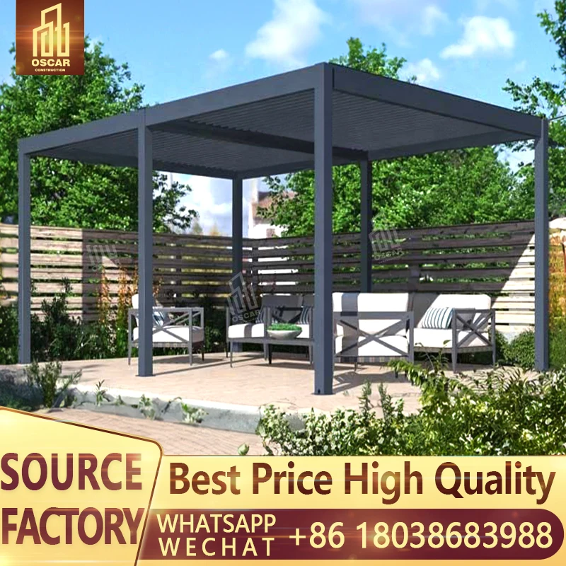 Factory Powder Coated Pergola Kits Electric Sunshade Gazebo Motorized Louver Louvre Pergolas Roller Blinds Outdoor Kitchen