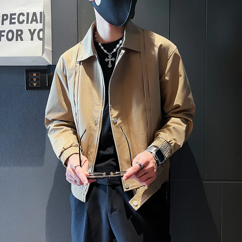 Jaquetas masculinas com zíper, casacos com gola virada para baixo, jaquetas bomber masculinas soltas, casuais, monocromáticas, primavera, outono